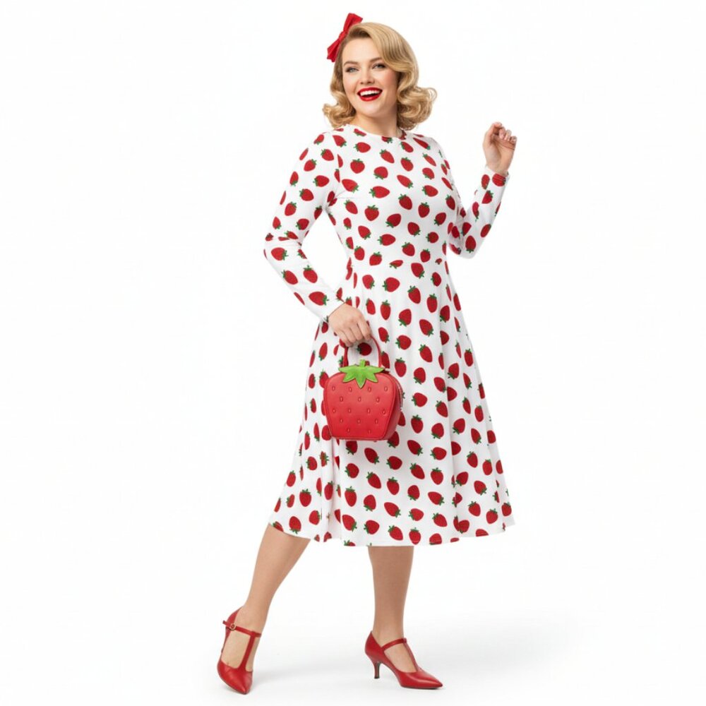 Vintage Strawberry 1950s Pinup Long Sleeve Dress - Picture 3 of 12